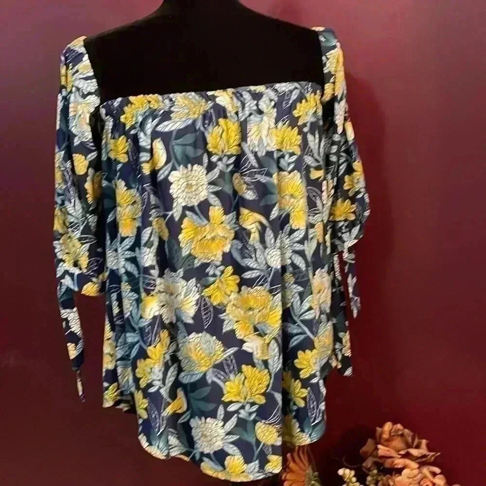 Derek Heart Women’s 2X Stretch Floral Off-Shoulder 3/4 Sleeve Top